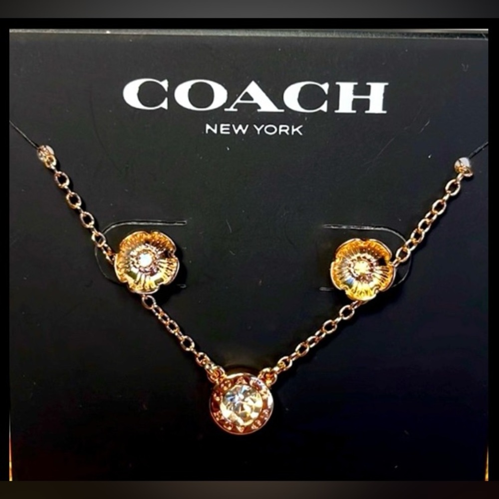 COACH Open Circle Gold Necklace, Tea Rose Earrings & Polishing Cloth Set